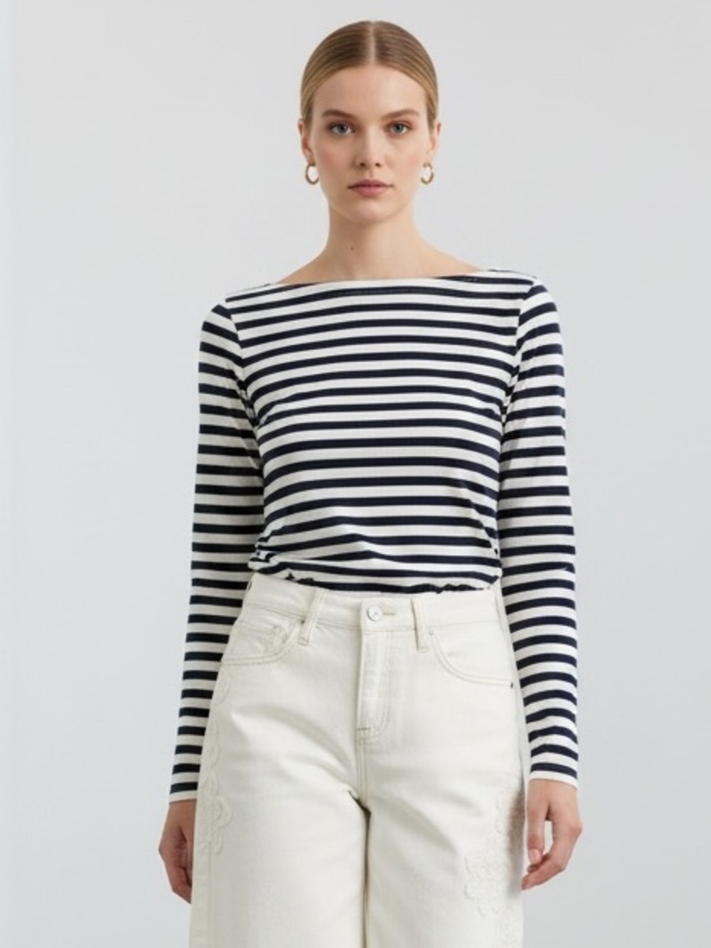 1503 • Navy/Cream Stretch Cotton Stripe Bateaux Neck Ruched Side Long Sleeve Top
